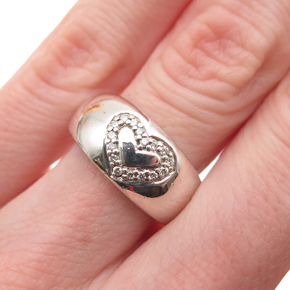 925 Sterling Silver Real Round-Cut Diamond Heart Ring Size 5.25